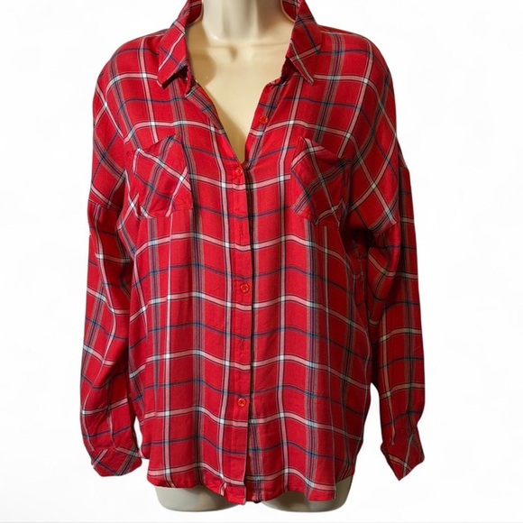 blue b Tops - Button Down Plaid Top‎